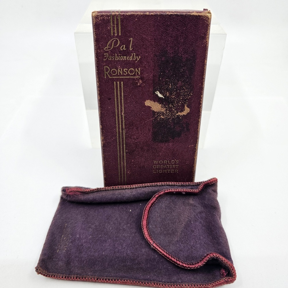 Ronson Pal Lighter Empty Box and Pouch Burgundy Purple Gold Foil USA